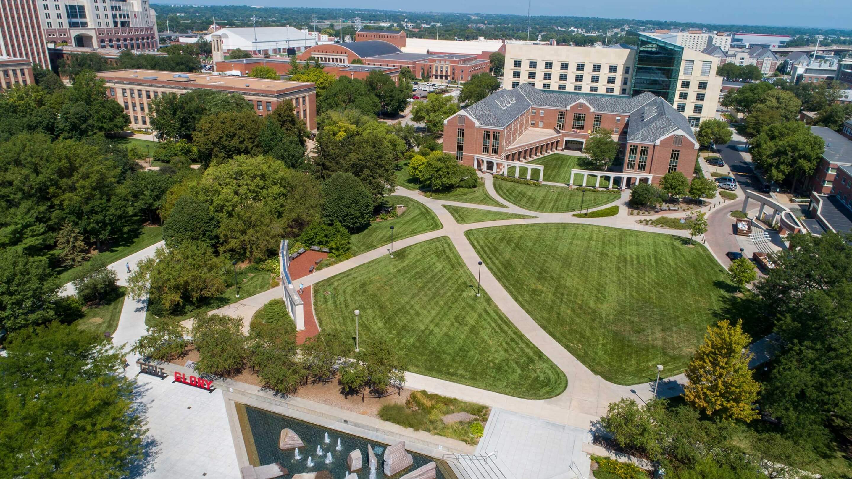 Aerial image of campus facing north towards green space, Raikes School, and College of Business