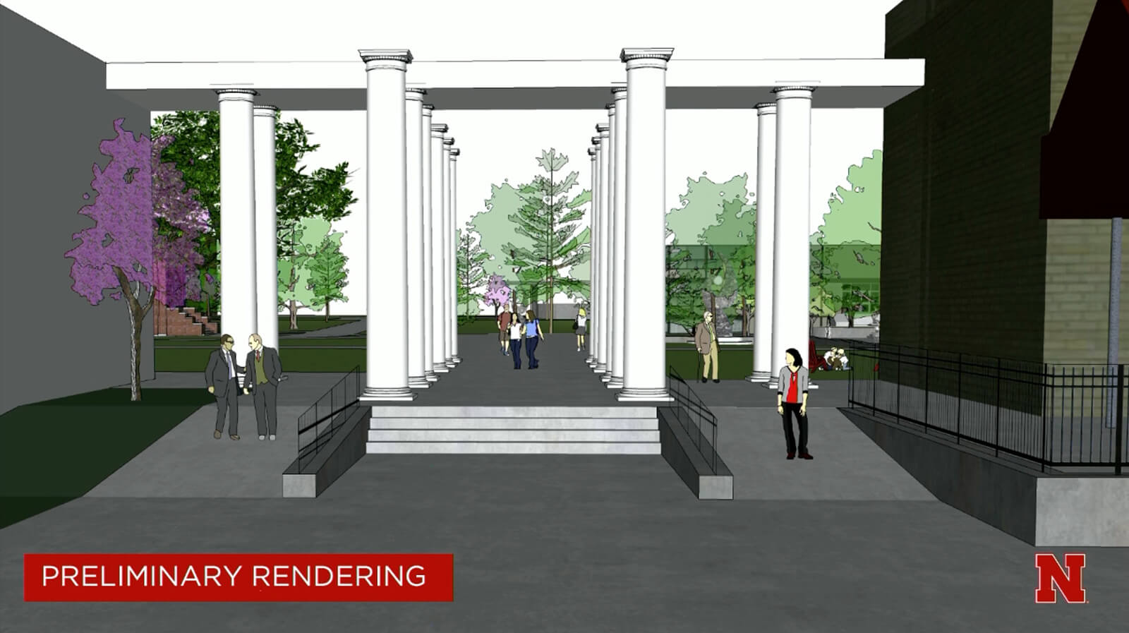 rendering for a music building on campus featuring white pillars