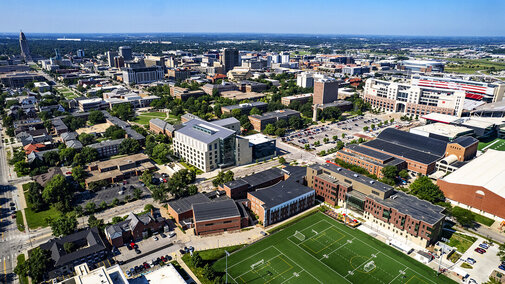 Aerial image of campus from the North facing College of Business and other buildings